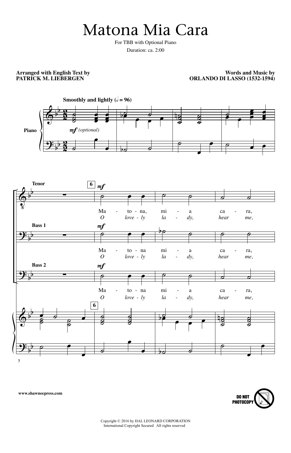 Patrick M. Liebergen Matona Mia Cara sheet music notes and chords arranged for TBB Choir