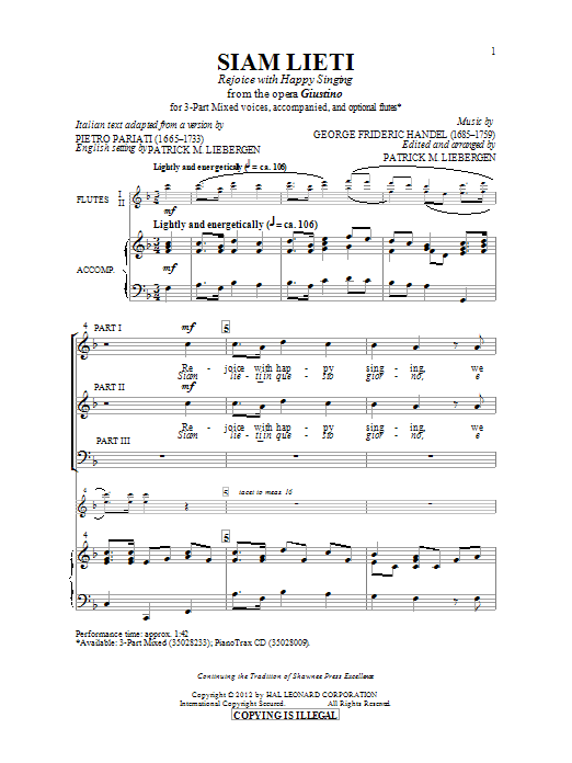Patrick M. Liebergen Siam Lieti (Rejoice With Happy Singing) sheet music notes and chords arranged for 3-Part Mixed Choir