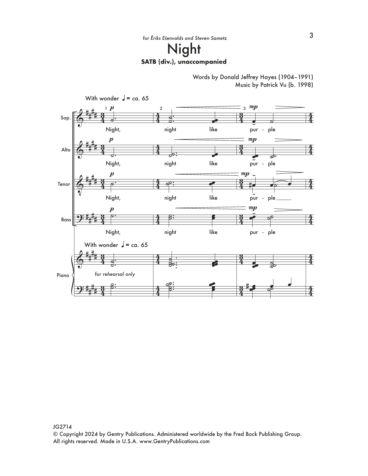 Patrick Vu Night sheet music notes and chords arranged for SATB Choir