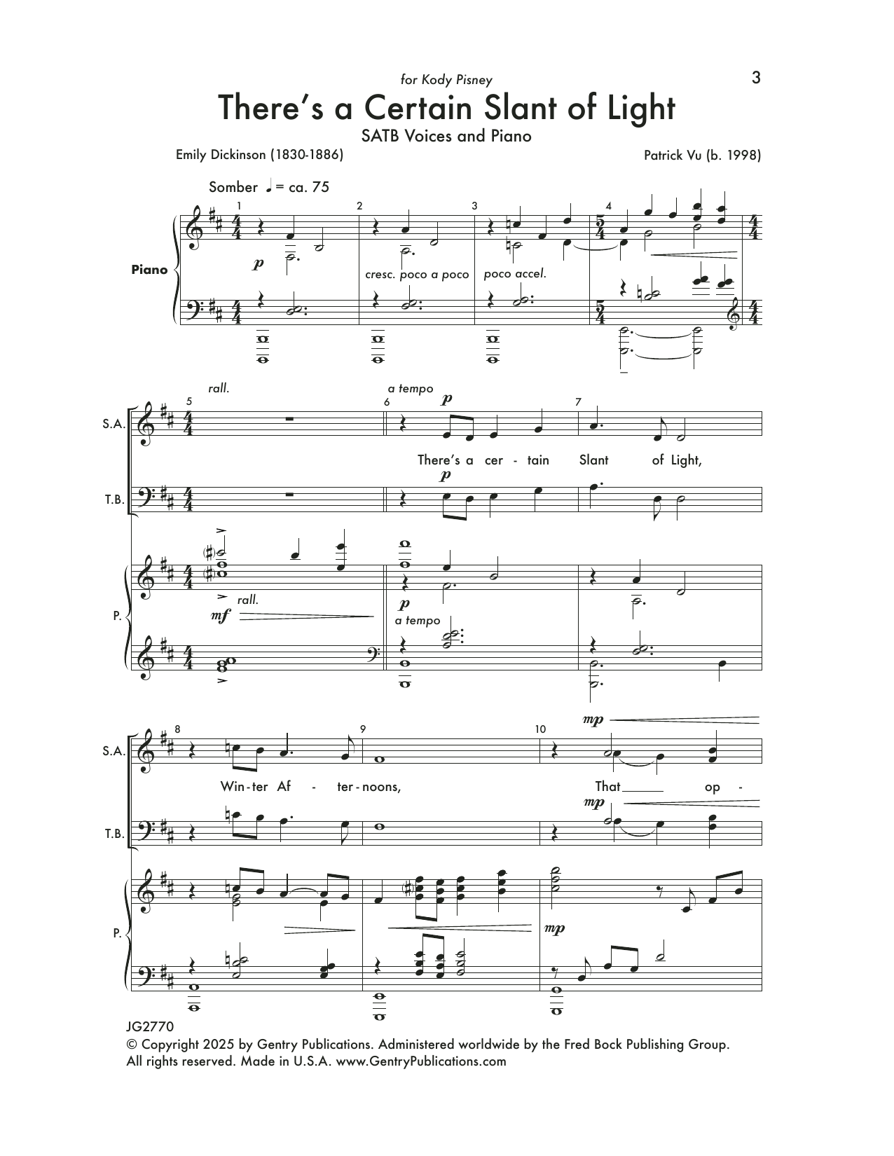 Patrick Vu There's A Certain Slant Of Light sheet music notes and chords arranged for SATB Choir
