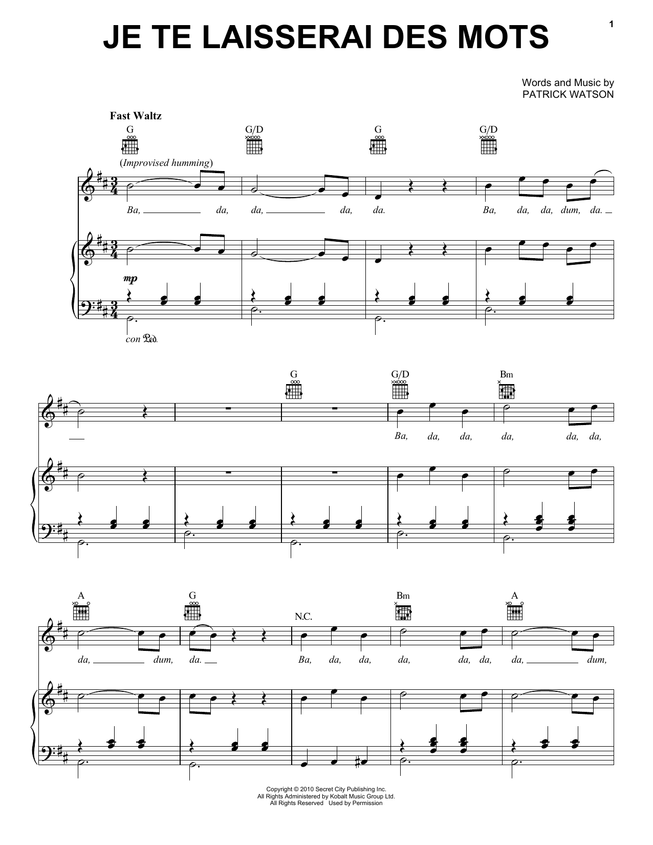 Patrick Watson Je Te Laisserai Des Mots sheet music notes and chords arranged for Piano, Vocal & Guitar Chords (Right-Hand Melody)