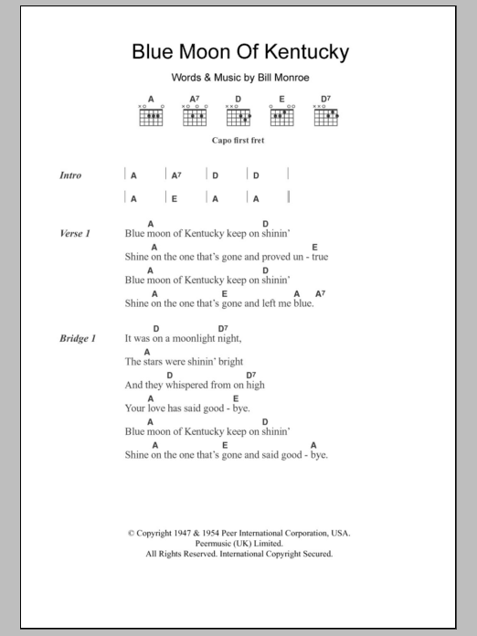 Patsy Cline Blue Moon Of Kentucky sheet music notes and chords arranged for Guitar Chords/Lyrics