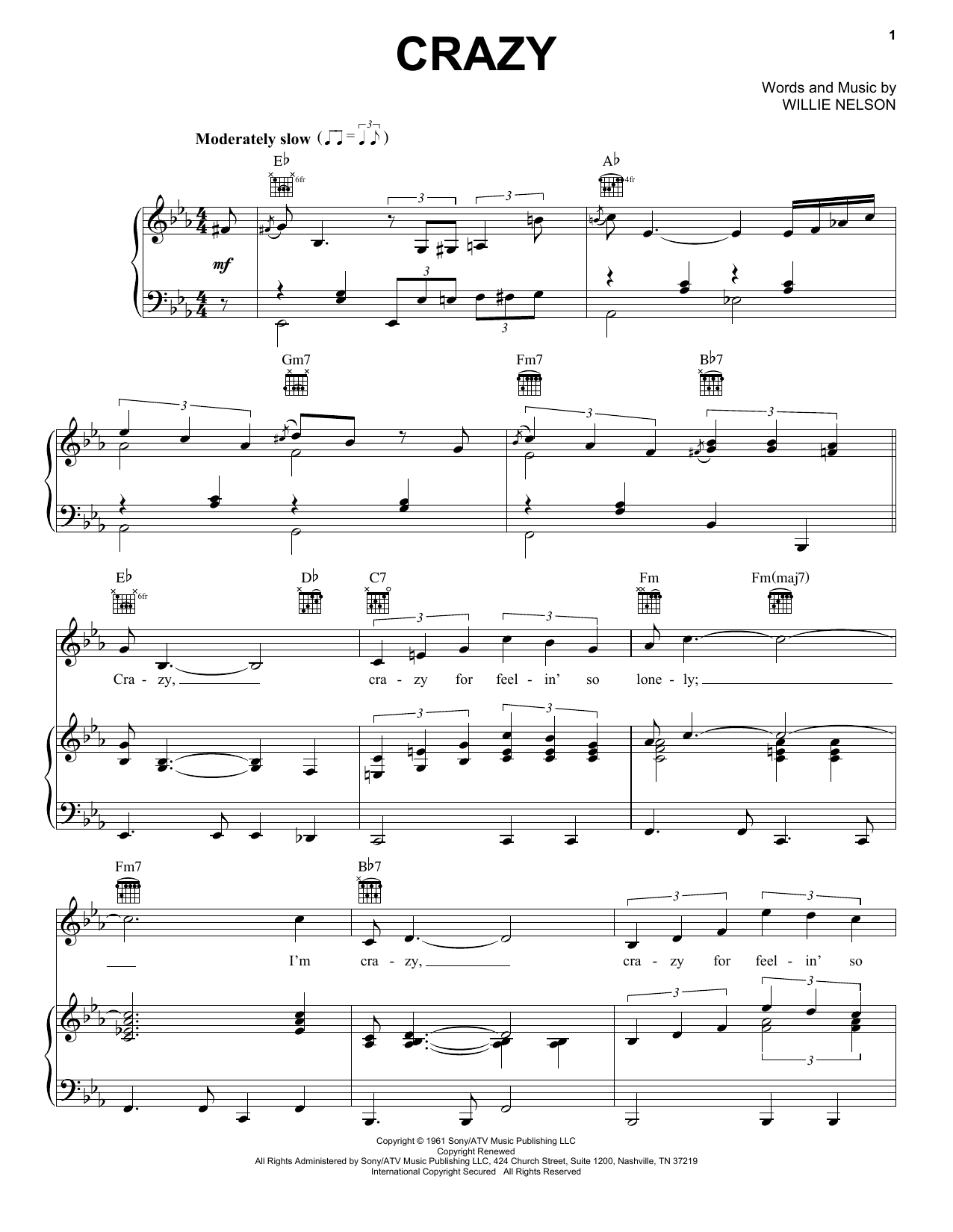Patsy Cline Crazy sheet music notes and chords arranged for Piano Chords/Lyrics