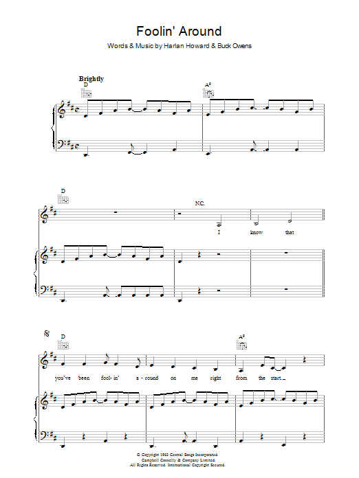 Patsy Cline Foolin' Around sheet music notes and chords arranged for Piano, Vocal & Guitar Chords