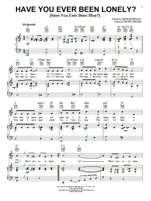 Patsy Cline Have You Ever Been Lonely? (Have You Ever Been Blue?) sheet music notes and chords arranged for Piano, Vocal & Guitar Chords (Right-Hand Melody)