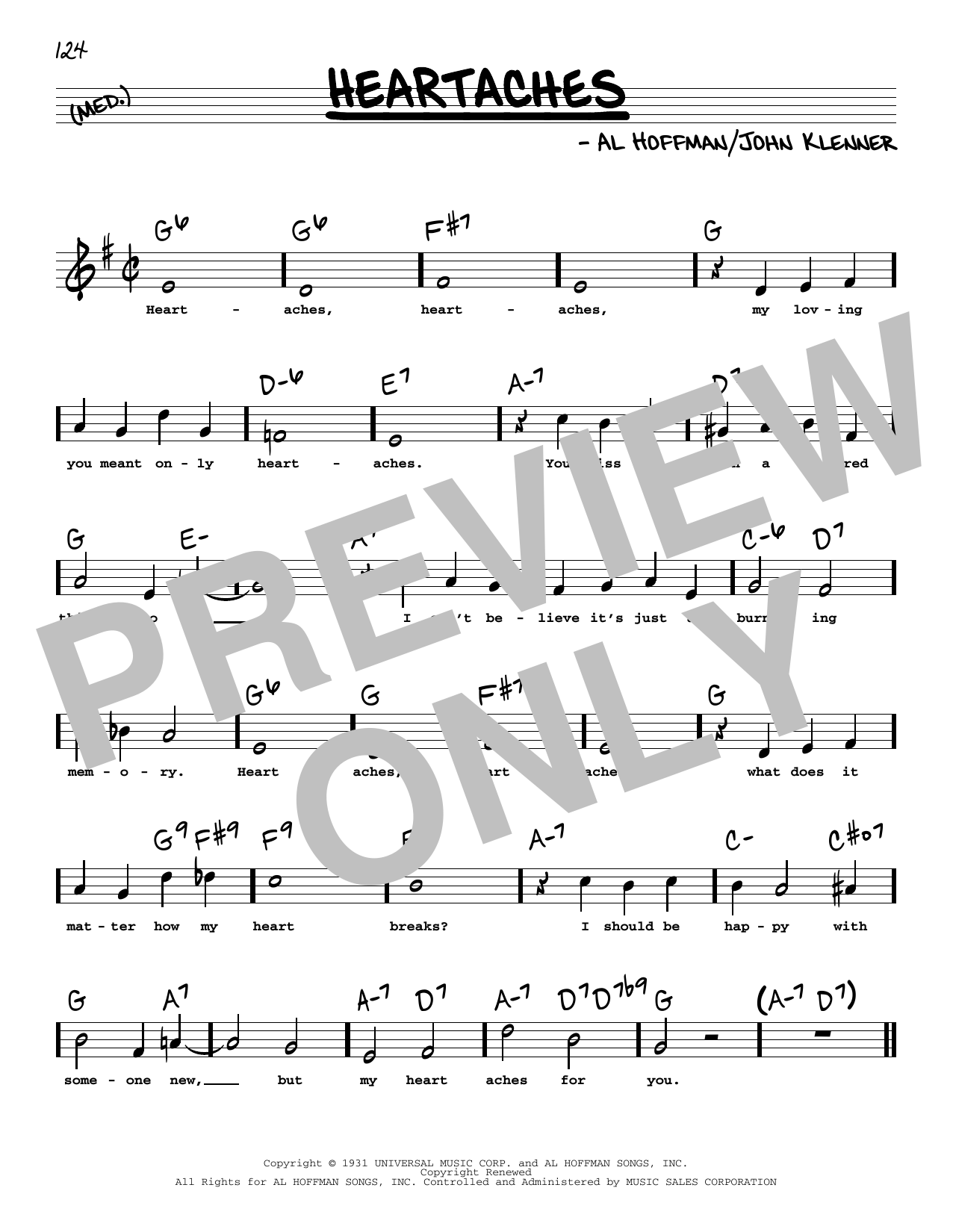 Patsy Cline Heartaches (High Voice) sheet music notes and chords arranged for Real Book – Melody, Lyrics & Chords