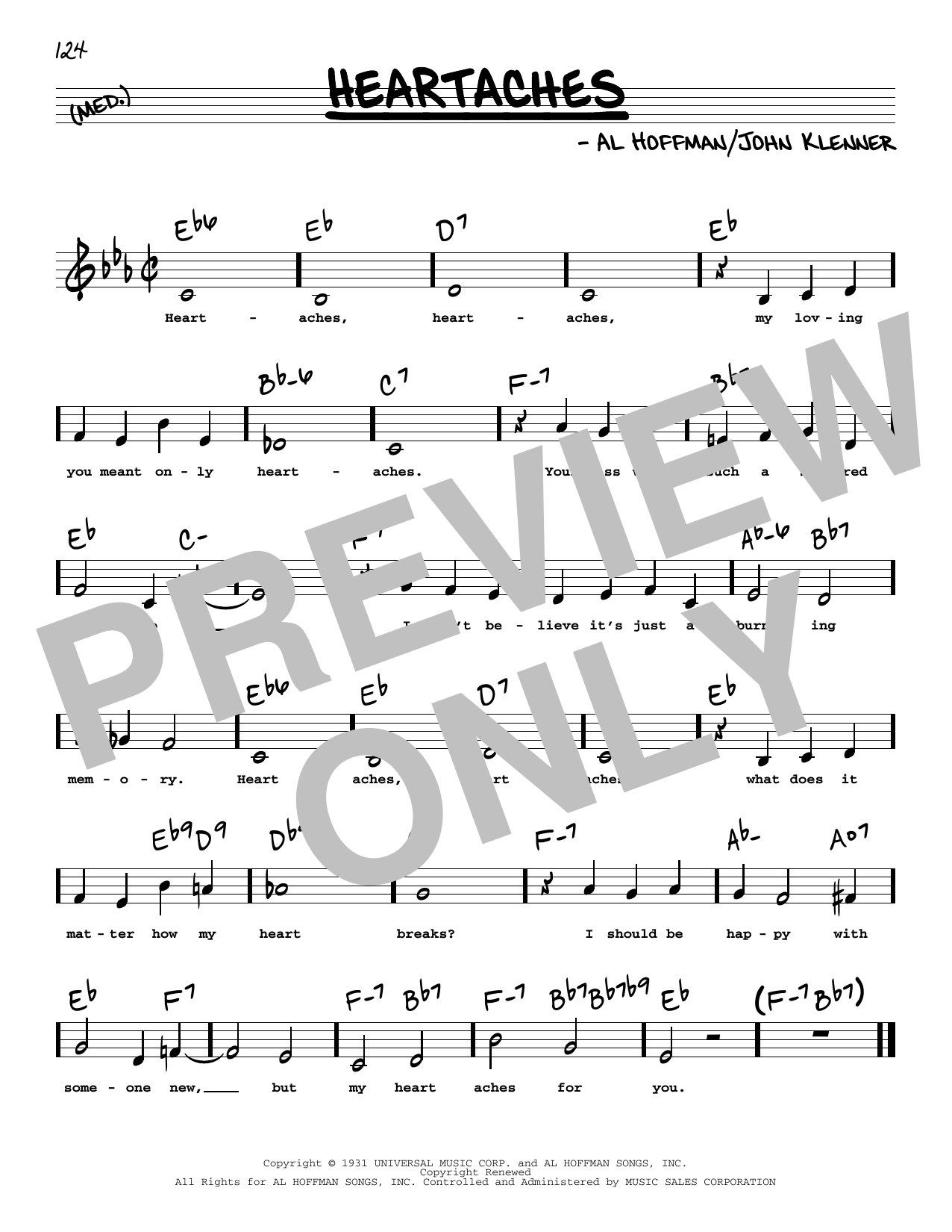Patsy Cline Heartaches (Low Voice) sheet music notes and chords arranged for Real Book – Melody, Lyrics & Chords