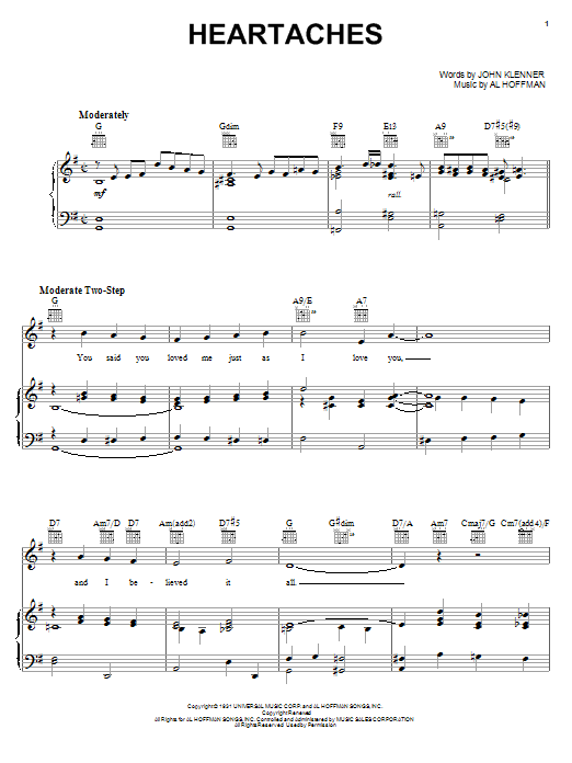 Patsy Cline Heartaches sheet music notes and chords arranged for Piano, Vocal & Guitar Chords (Right-Hand Melody)