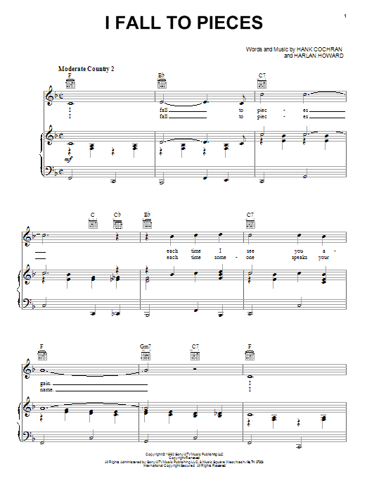 Patsy Cline I Fall To Pieces sheet music notes and chords arranged for Piano, Vocal & Guitar Chords (Right-Hand Melody)