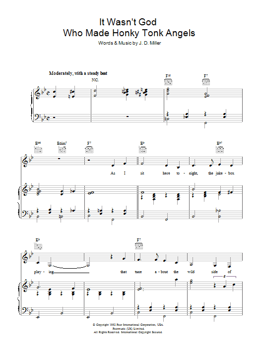 Patsy Cline It Wasn't God Who Made Honky Tonk Angels sheet music notes and chords arranged for Piano, Vocal & Guitar Chords