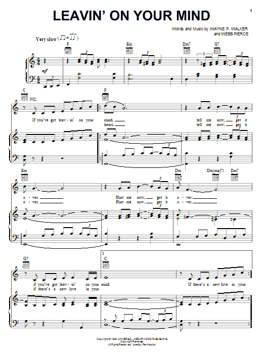 Patsy Cline Leavin' On Your Mind sheet music notes and chords arranged for Piano, Vocal & Guitar Chords (Right-Hand Melody)