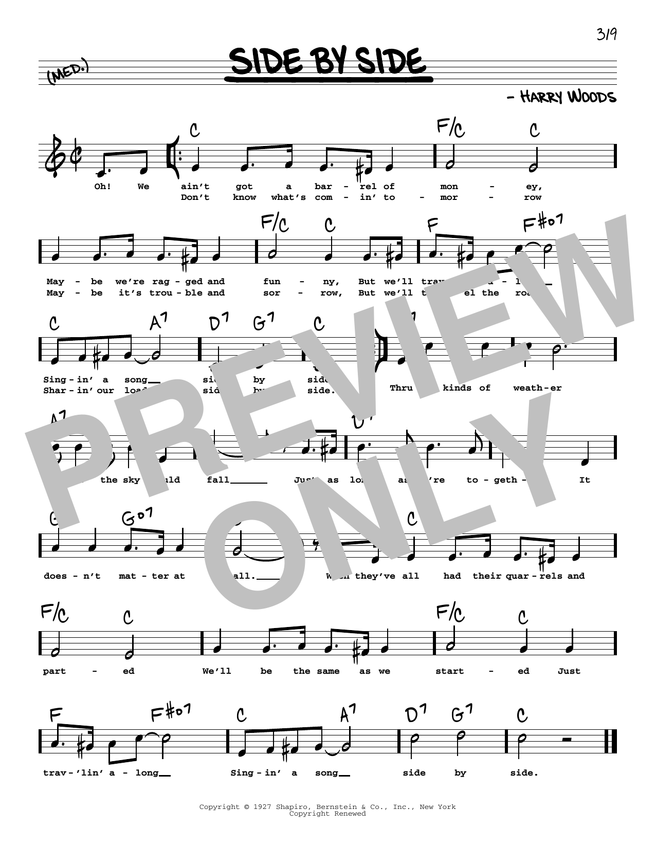 Patsy Cline Side By Side (High Voice) sheet music notes and chords arranged for Real Book – Melody, Lyrics & Chords