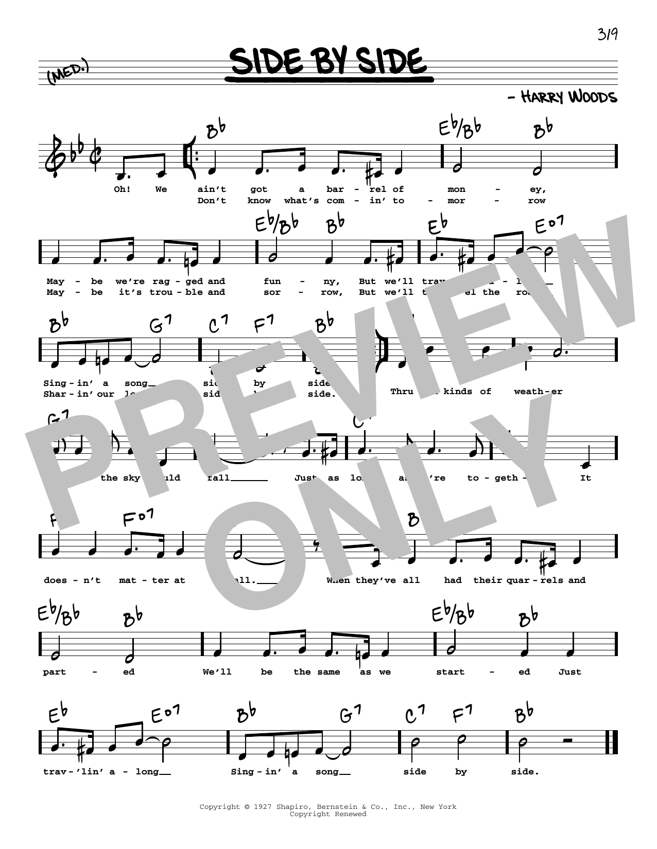 Patsy Cline Side By Side (Low Voice) sheet music notes and chords arranged for Real Book – Melody, Lyrics & Chords