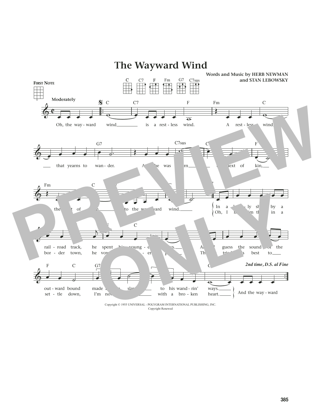 Patsy Cline The Wayward Wind (from The Daily Ukulele) (arr. Jim Beloff) sheet music notes and chords arranged for Ukulele