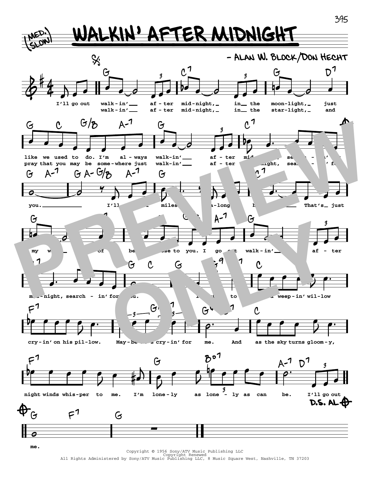Patsy Cline Walkin' After Midnight (High Voice) sheet music notes and chords arranged for Real Book – Melody, Lyrics & Chords