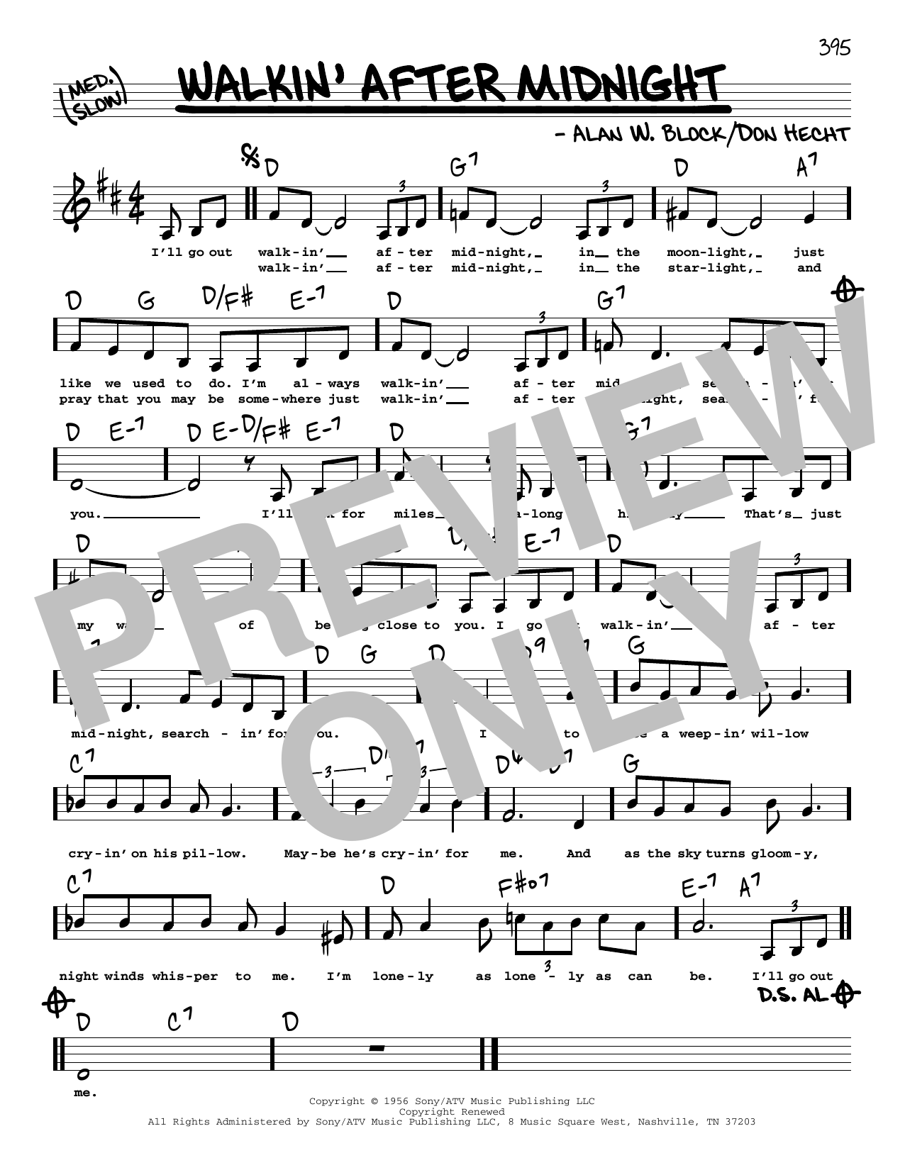 Patsy Cline Walkin' After Midnight (Low Voice) sheet music notes and chords arranged for Real Book – Melody, Lyrics & Chords