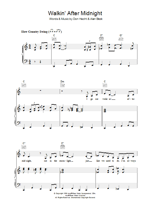 Patsy Cline Walkin' After Midnight sheet music notes and chords arranged for Very Easy Piano