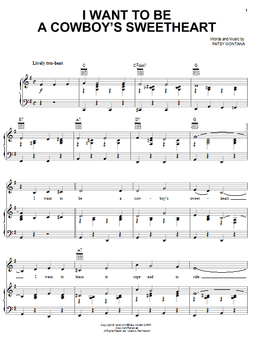 Patsy Montana I Want To Be A Cowboy's Sweetheart sheet music notes and chords arranged for Ukulele