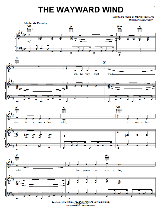 Patsy Cline The Wayward Wind sheet music notes and chords arranged for Ukulele