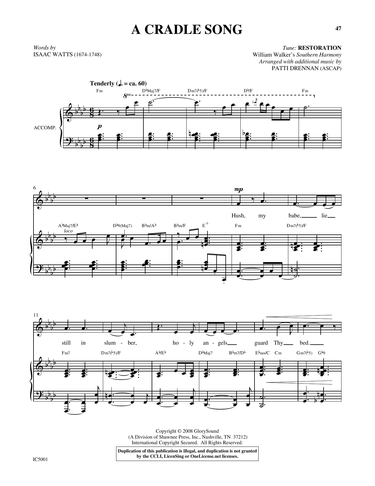 Patti Drennan A Cradle Song sheet music notes and chords arranged for Piano & Vocal
