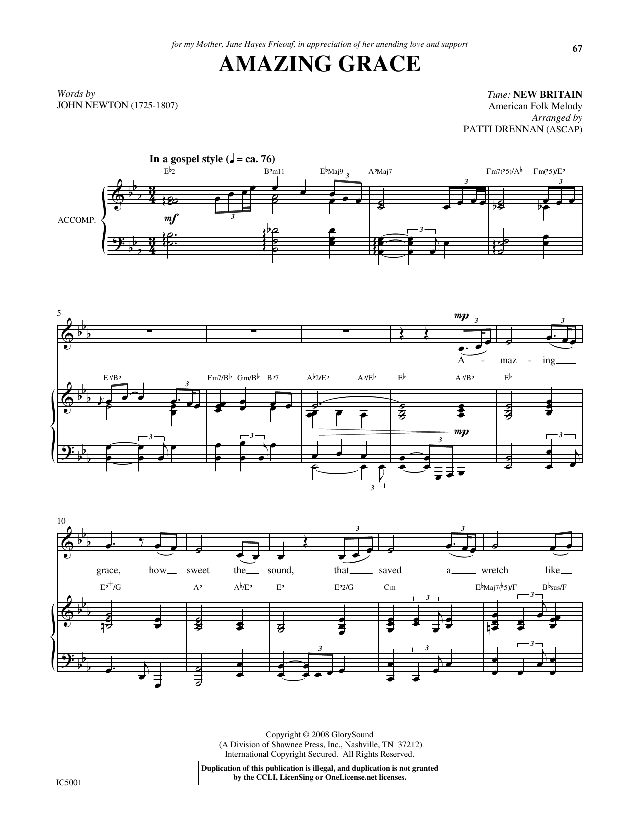 Patti Drennan Amazing Grace sheet music notes and chords arranged for Piano & Vocal