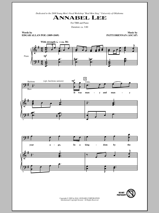 Patti Drennan Annabel Lee sheet music notes and chords arranged for TBB Choir