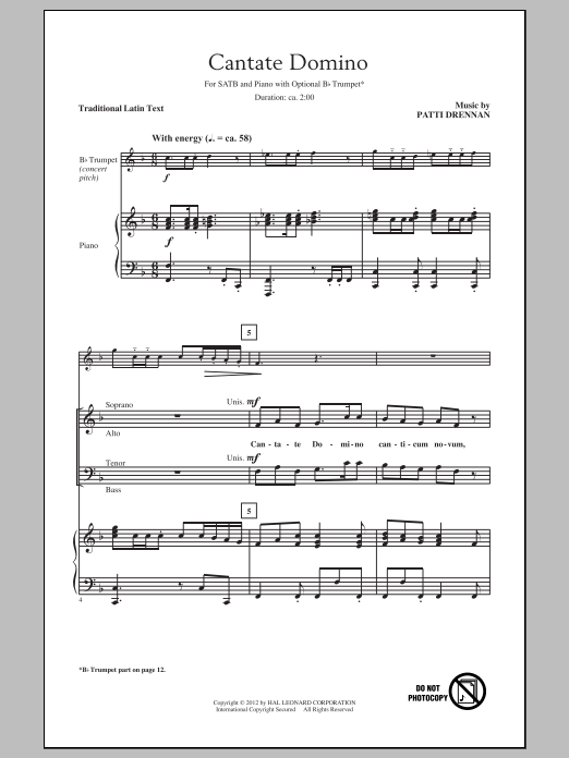 Patti Drennan Cantate Domino sheet music notes and chords arranged for SATB Choir