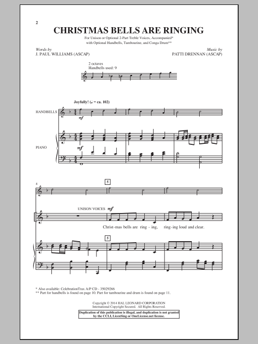 Patti Drennan Christmas Bells Are Ringing sheet music notes and chords arranged for 2-Part Choir