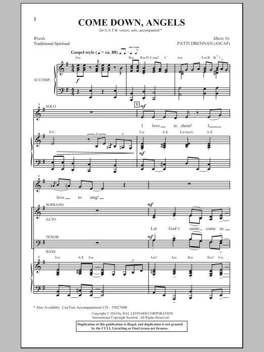 Patti Drennan Come Down, Angels sheet music notes and chords arranged for SATB Choir