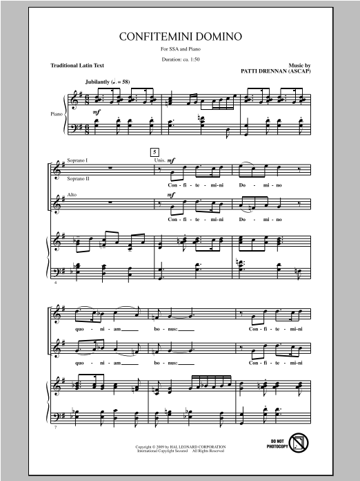 Patti Drennan Confitemini Domino sheet music notes and chords arranged for SSA Choir