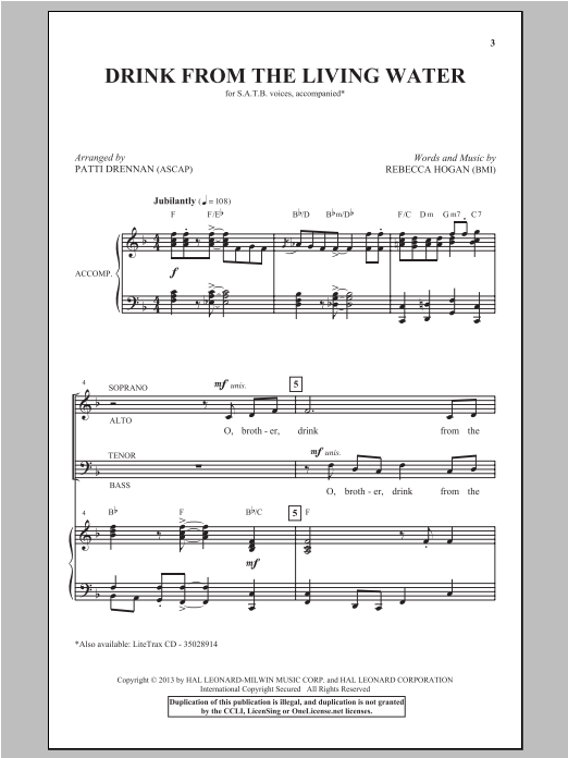 Patti Drennan Drink From The Living Water sheet music notes and chords arranged for SATB Choir