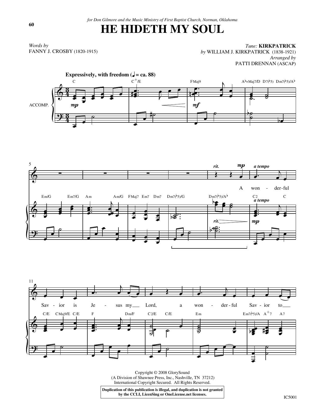 Patti Drennan He Hideth My Soul sheet music notes and chords arranged for Piano & Vocal