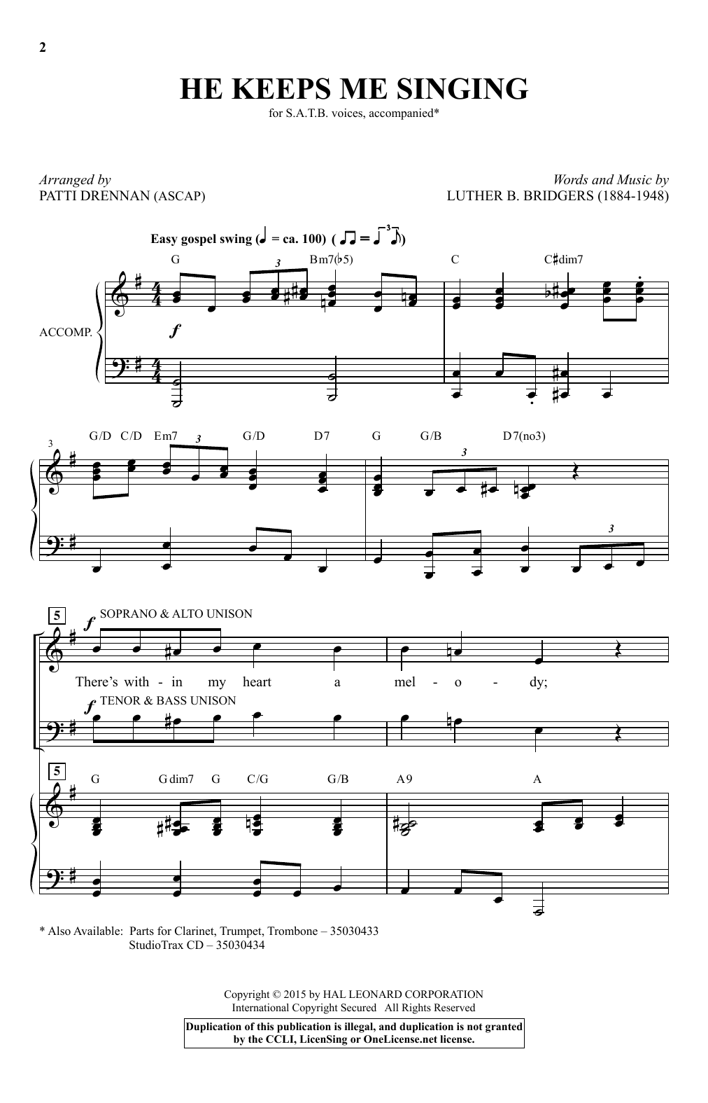 Patti Drennan He Keeps Me Singing sheet music notes and chords arranged for SATB Choir