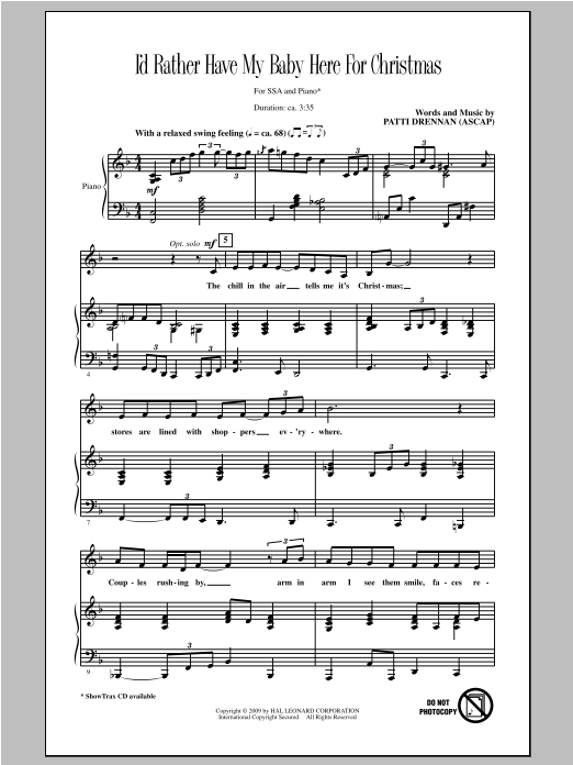 Patti Drennan I'd Rather Have My Baby Here For Christmas sheet music notes and chords arranged for SSA Choir