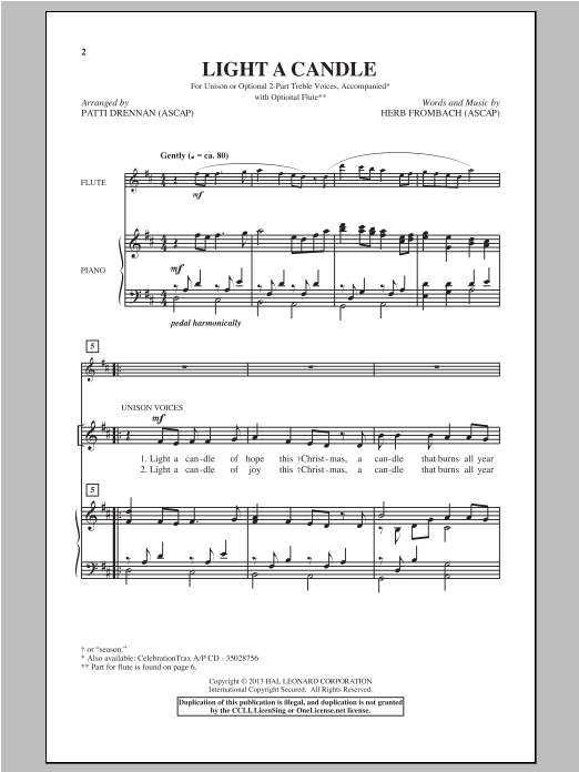 Patti Drennan Light A Candle sheet music notes and chords arranged for 2-Part Choir