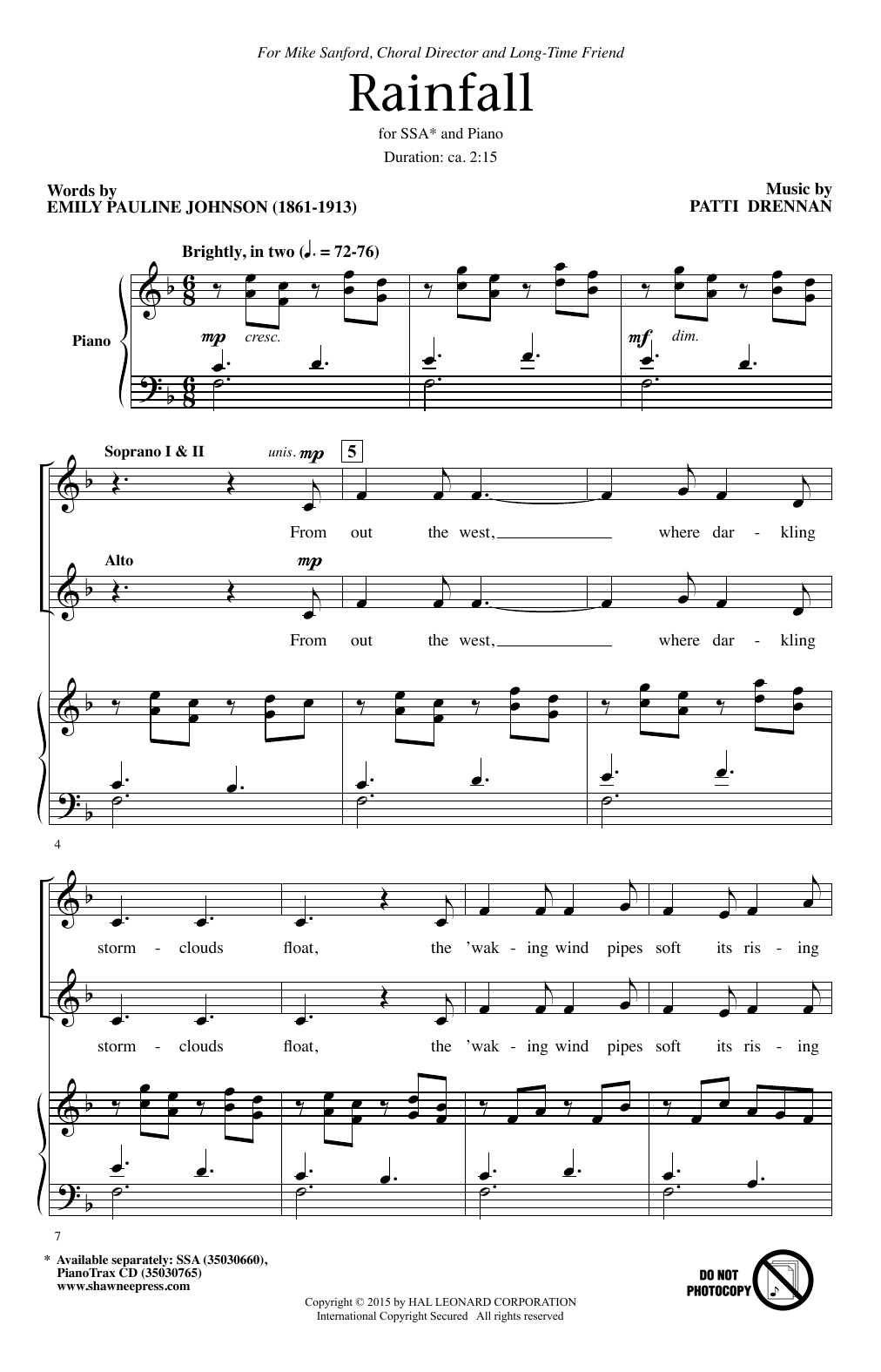 Patti Drennan Rainfall sheet music notes and chords arranged for SSA Choir