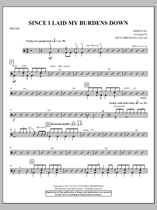 Patti Drennan Since I Laid My Burdens Down - Drum Set sheet music notes and chords arranged for Choir Instrumental Pak