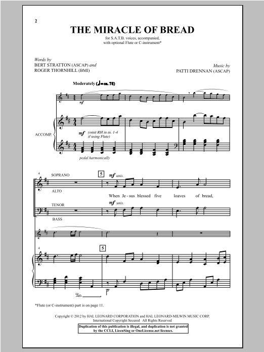 Patti Drennan The Miracle Of Bread sheet music notes and chords arranged for SATB Choir