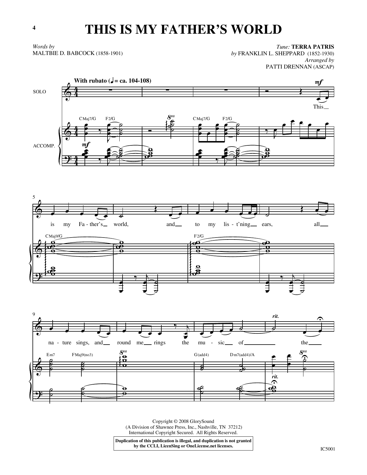 Patti Drennan This Is My Father's World sheet music notes and chords arranged for Piano & Vocal