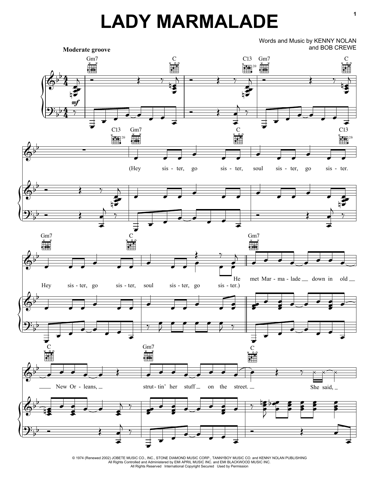 Patti LaBelle Lady Marmalade sheet music notes and chords arranged for Easy Piano