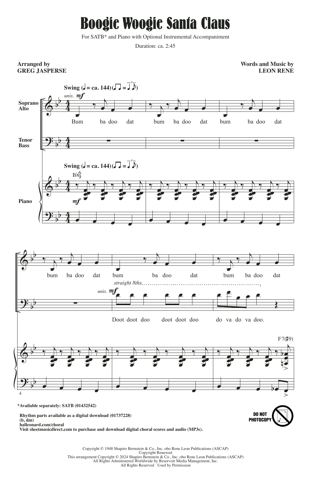 Patti Page Boogie Woogie Santa Claus (arr. Greg Jasperse) sheet music notes and chords arranged for SATB Choir