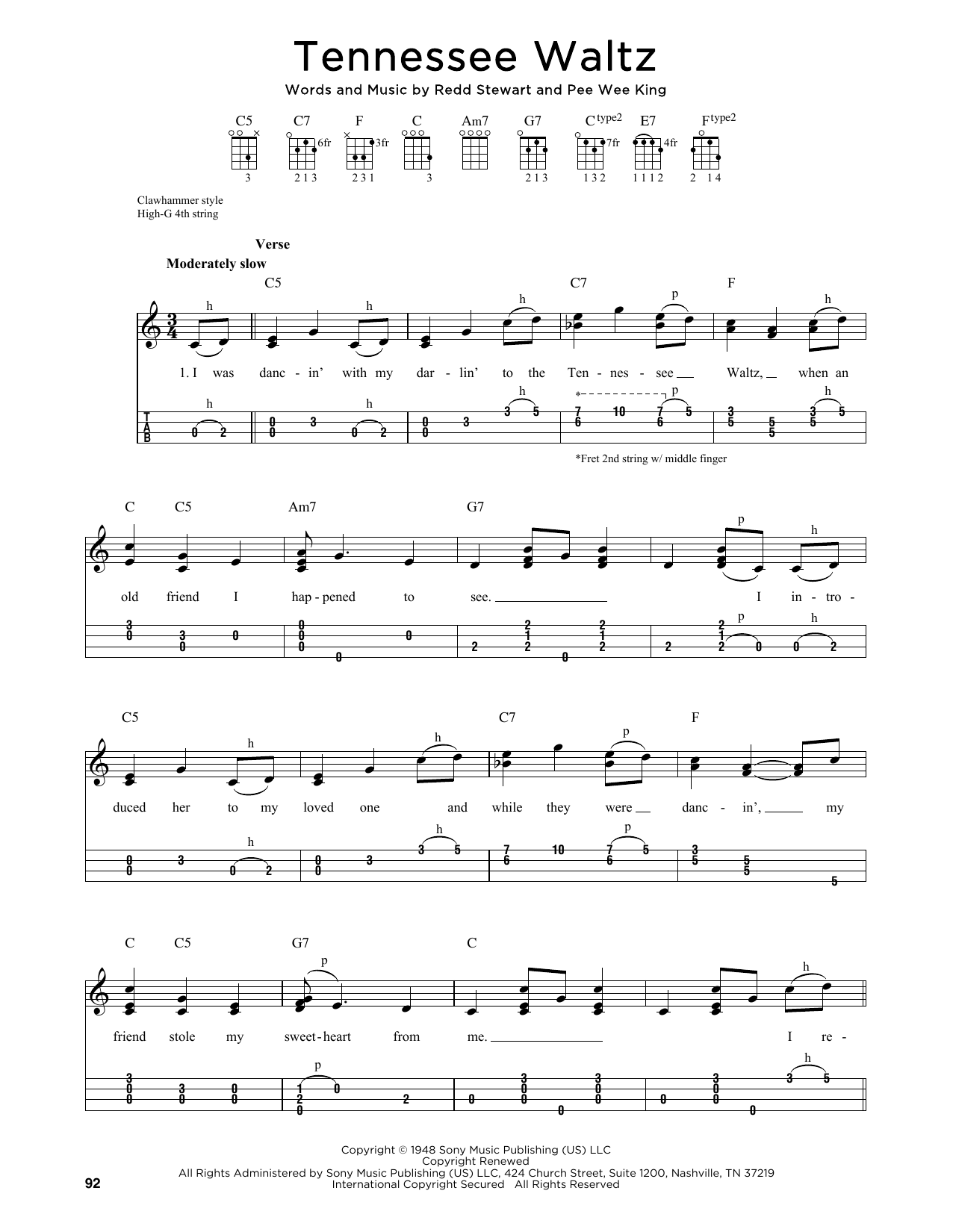 Patti Page Tennessee Waltz (arr. Jim Schustedt) sheet music notes and chords arranged for Ukulele
