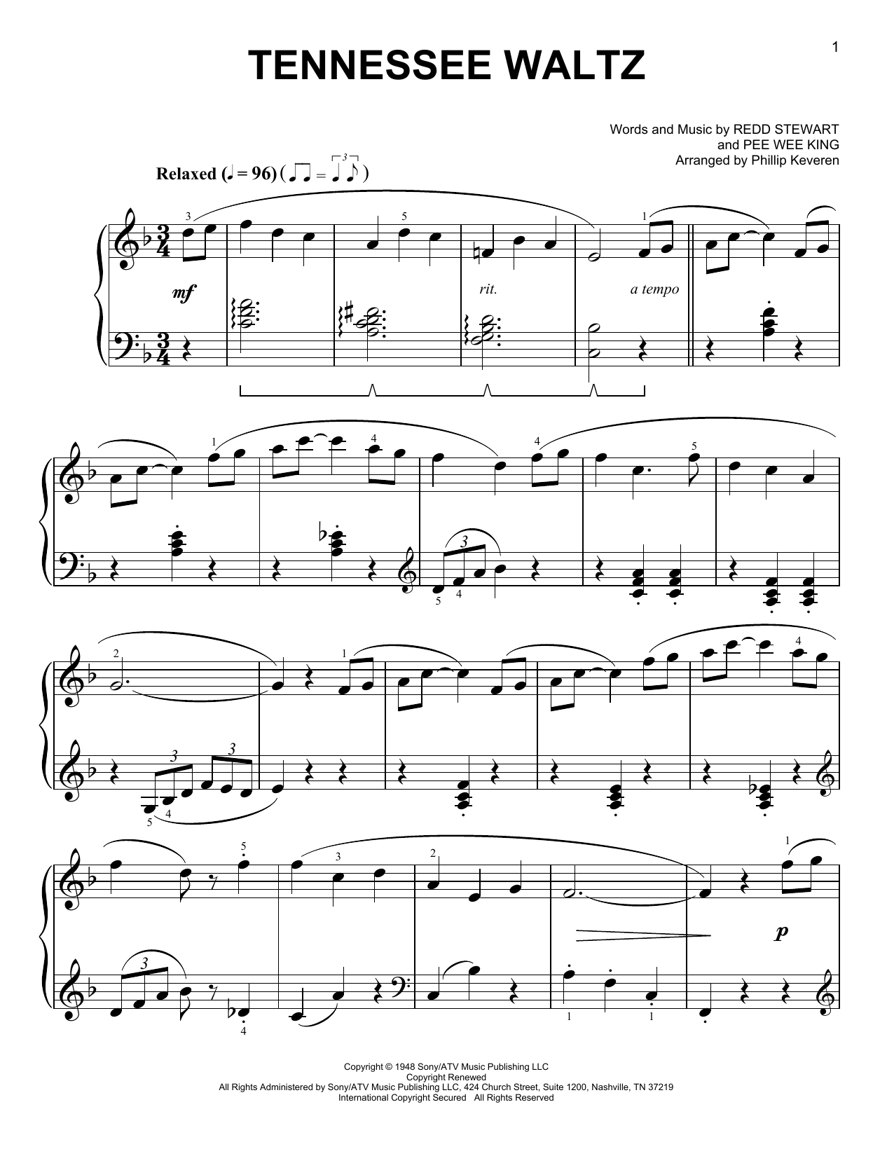 Patti Page Tennessee Waltz [Classical version] (arr. Phillip Keveren) sheet music notes and chords arranged for Piano Solo