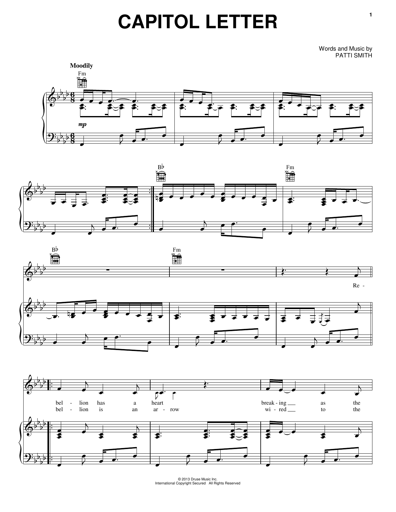 Patti Smith Capitol Letter sheet music notes and chords arranged for Piano, Vocal & Guitar Chords (Right-Hand Melody)