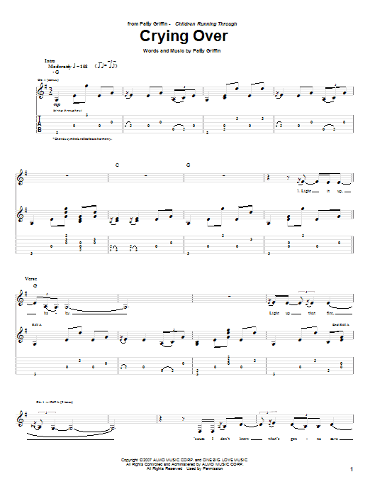 Patty Griffin Crying Over sheet music notes and chords arranged for Guitar Tab