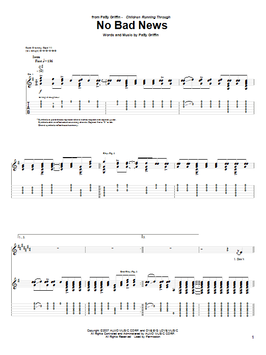 Patty Griffin No Bad News sheet music notes and chords arranged for Guitar Tab