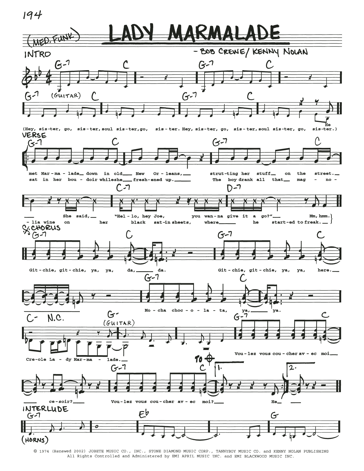 Patty LaBelle Lady Marmalade sheet music notes and chords arranged for Easy Bass Tab