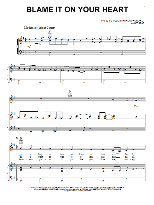 Patty Loveless Blame It On Your Heart sheet music notes and chords arranged for Piano, Vocal & Guitar Chords (Right-Hand Melody)