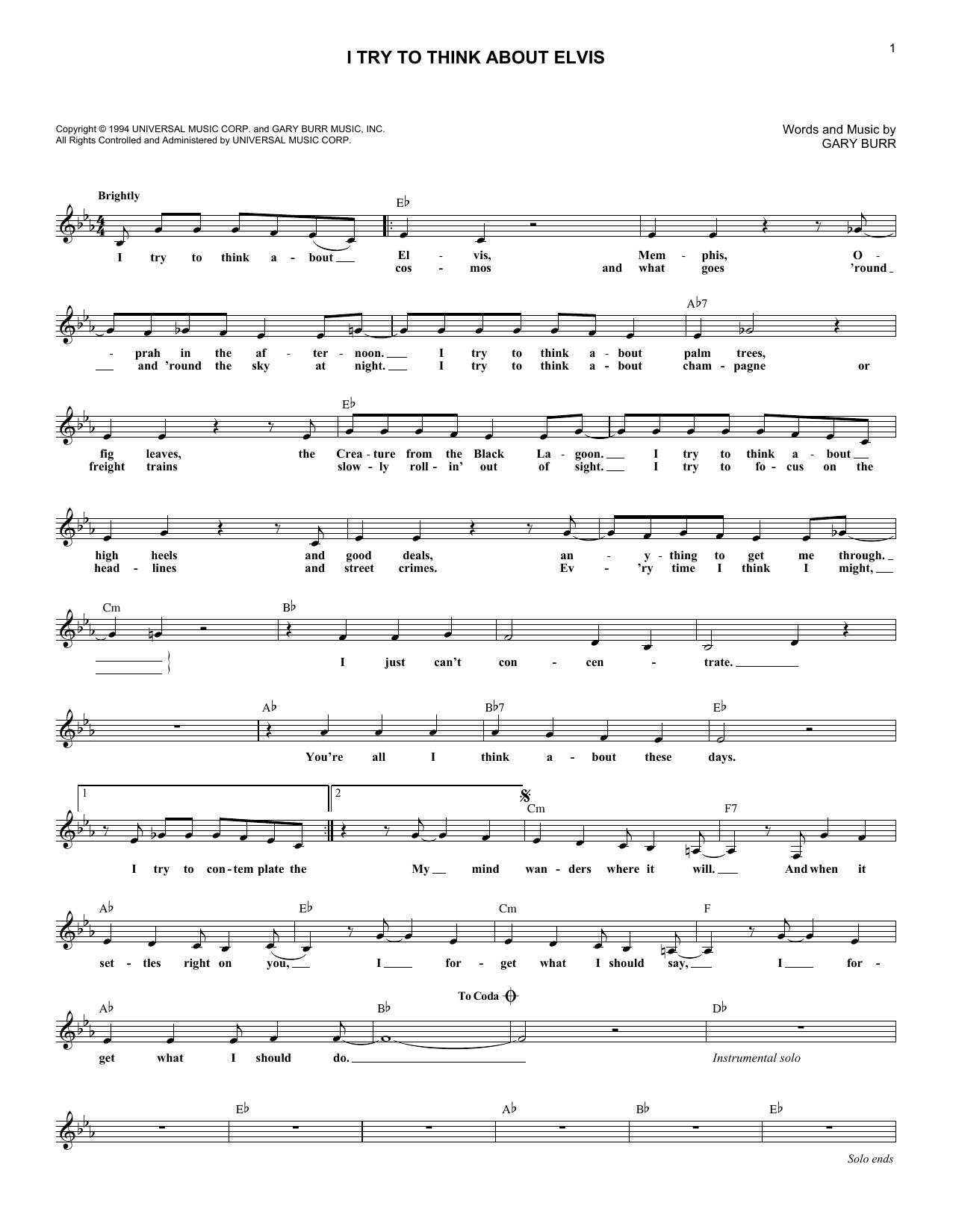 Patty Loveless I Try To Think About Elvis sheet music notes and chords arranged for Lead Sheet / Fake Book