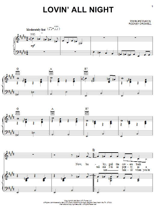 Patty Loveless Lovin' All Night sheet music notes and chords arranged for Piano, Vocal & Guitar Chords (Right-Hand Melody)